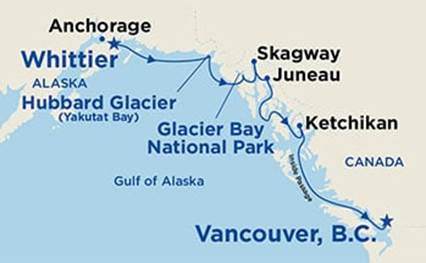Map showing the port stops for Voyage of the Glaciers (Southbound). For more details, refer to the List of Port Stops table on this page.